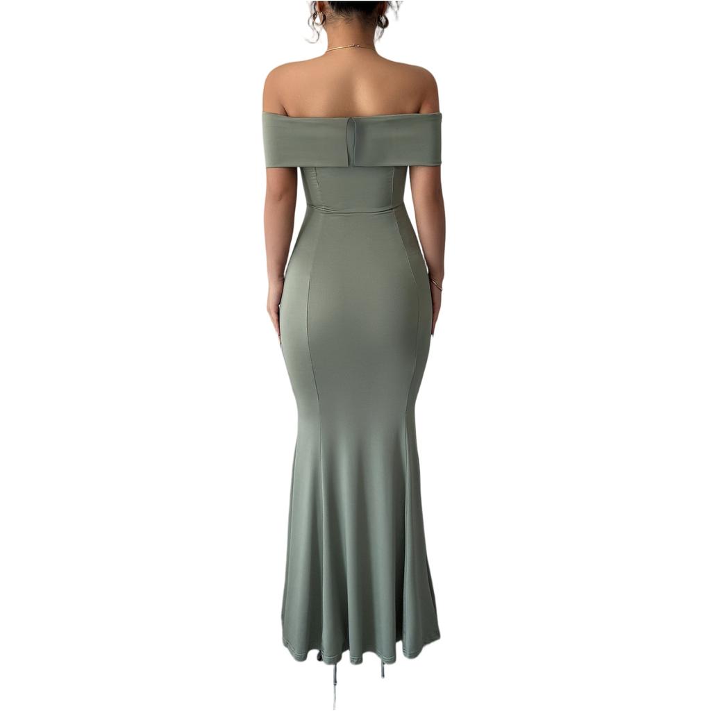 Elegant Off,shoulder Short,sleeved Color Dress For Women