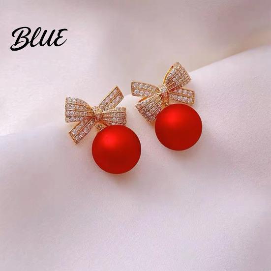 Women Ear Studs 1 Pair Earrings Rhinestone Bow Red Faux