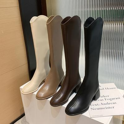New Women Boots Zipper Thick High Heels Simple Solid Leather Autumn Winter Boots Knee High Boots Plus Size 34-43