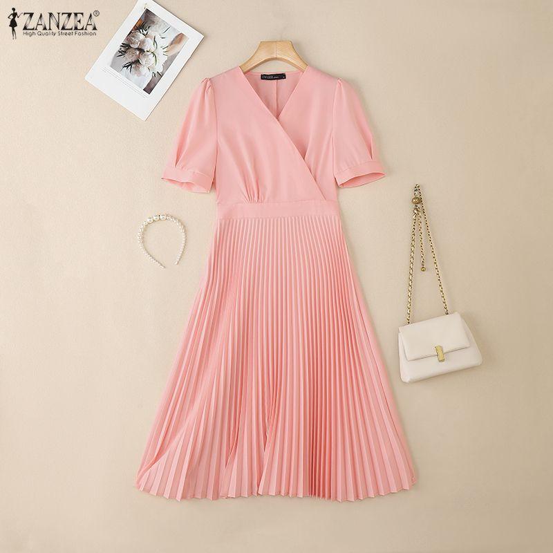 ZANZEA Rochie Casual de Vară cu Mânecă Scurtă și Decolteu în V pentru Femei