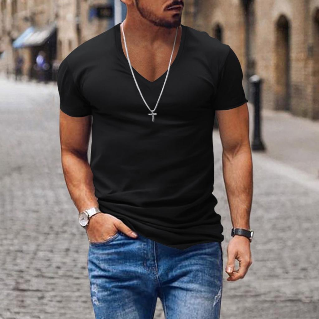 Men's Short Sleeve V-neck T-shirt Solid Color Casual T-shirt Short Sleeve