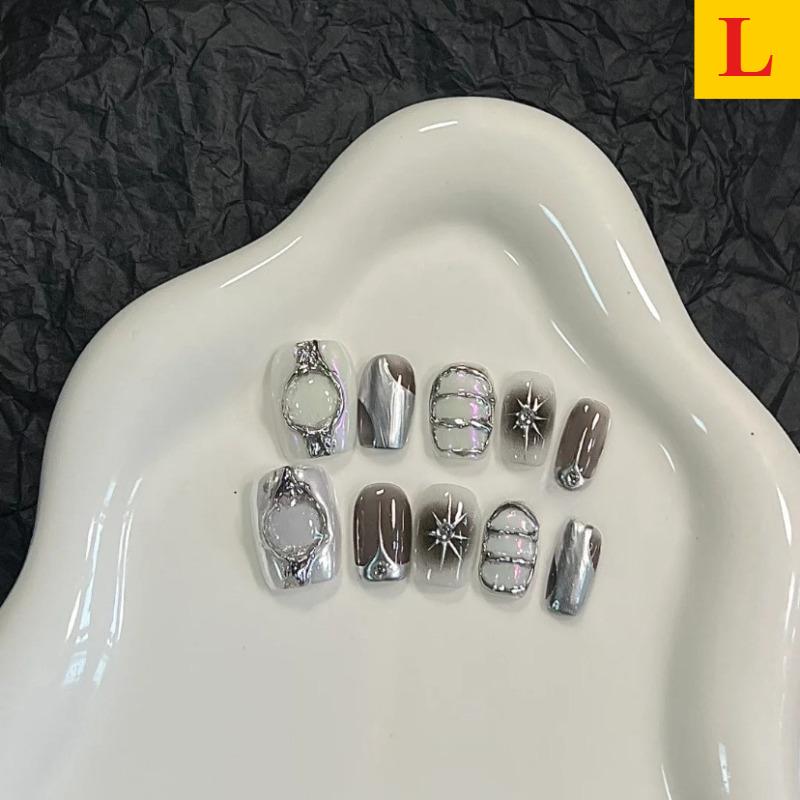 Cat Eye False Nails Short Square Handmade Fake Nails Irregular Metal Press On Nails Silver Glitter Design Sweet Cool Girls New