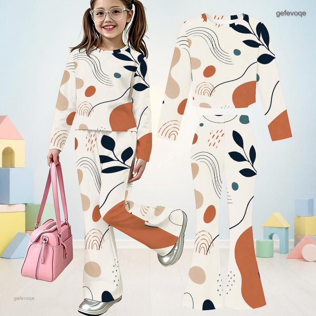 Mädchen Print Rundhals Langarm Oberteil und Schlaghose Zweiteiliges Set