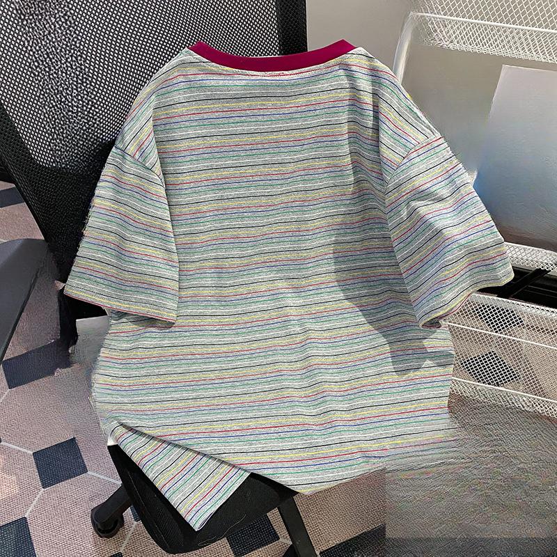 Storbroderad randig kortärmad T-shirt för dam sommartopp