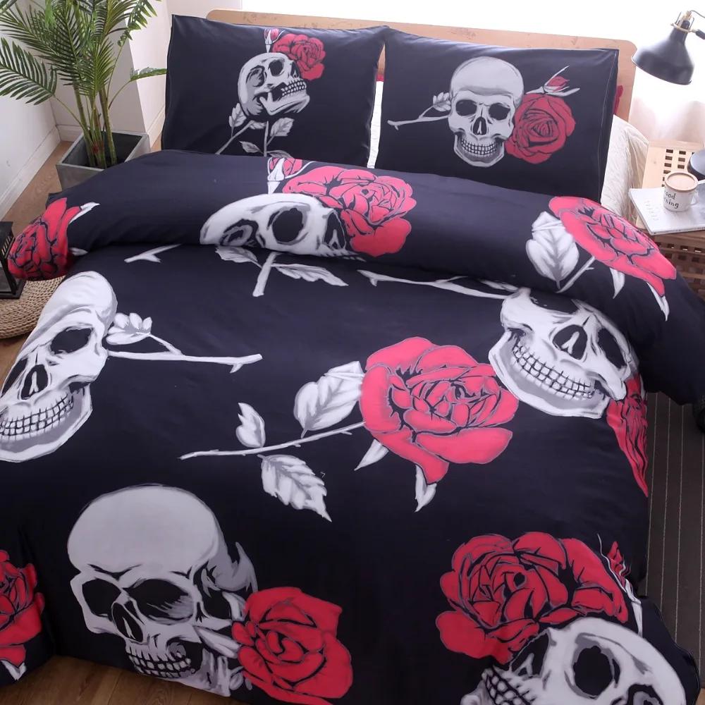 Luxury Comforter Bedding Set Halloween Gifts Bed Cover Set 100% Microfiber Fabric Rose Skull Reactive Printing California King
