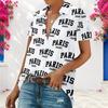 Women Plus Size Collared Short Sleeve Paris Printed White Button Front Shirt