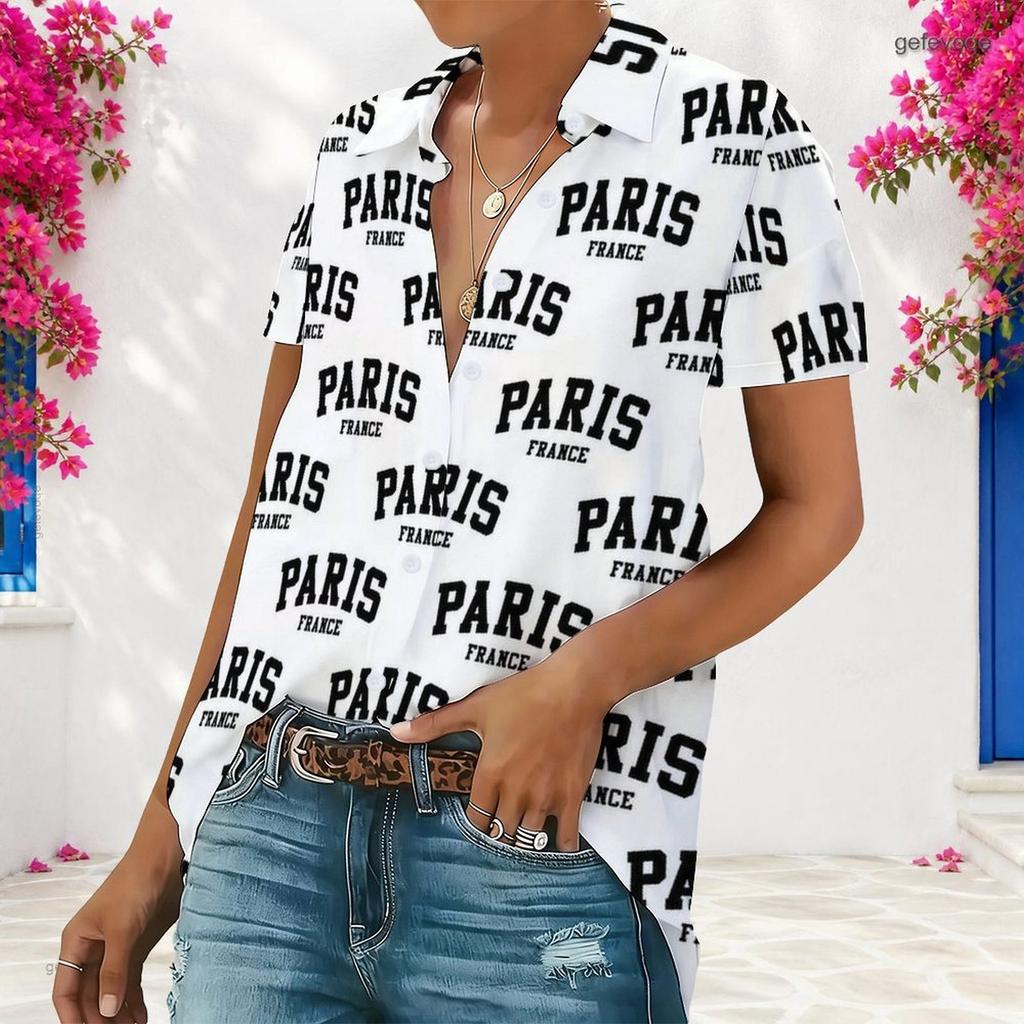 Women Plus Size Collared Short Sleeve Paris Printed White Button Front Shirt