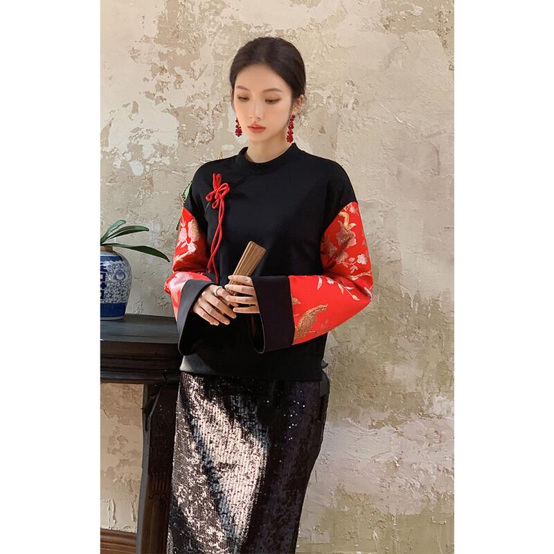 

JK&JS Women s New Chinese Style Jacquard Round Neck Sweatshirt L