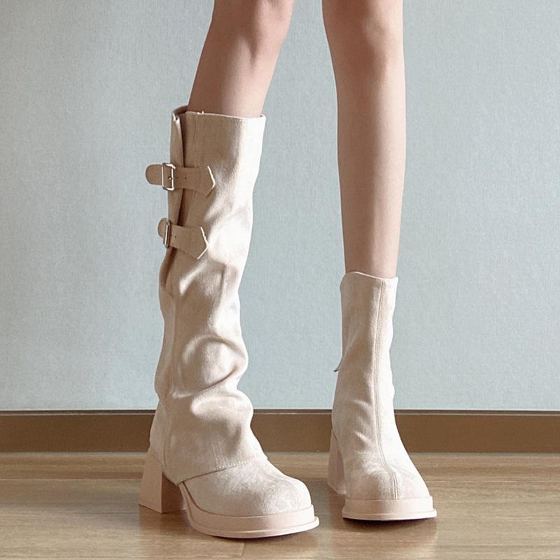 2026 Removable Long Boots Women's Apricot Round Head Waterproof Platform Thick Heel Belt Buckle Western Cowboy Boots