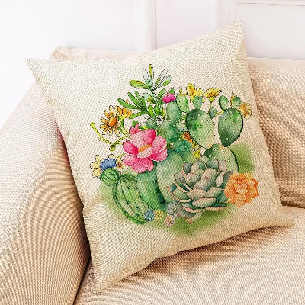 Succulent Cactus Plant Pattern Pillowcase Linen Pillowcase Car Seat Throw Sofa Home Decorative Pillowcase 45*45Cm
