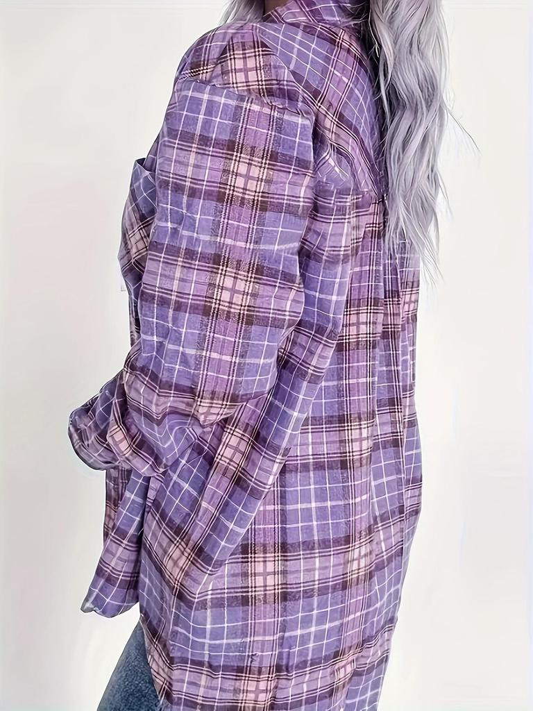 Cardigan Camisa Feminina Xadrez de Manga Comprida com Gola Pontuda para a Primavera 2025