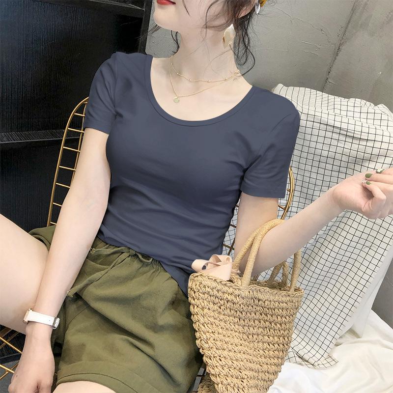 Women's White Short-Sleeve Crew Neck T-Shirt, 2024 Spring/Summer, Slim Fit, Pure Cotton, Basic Top