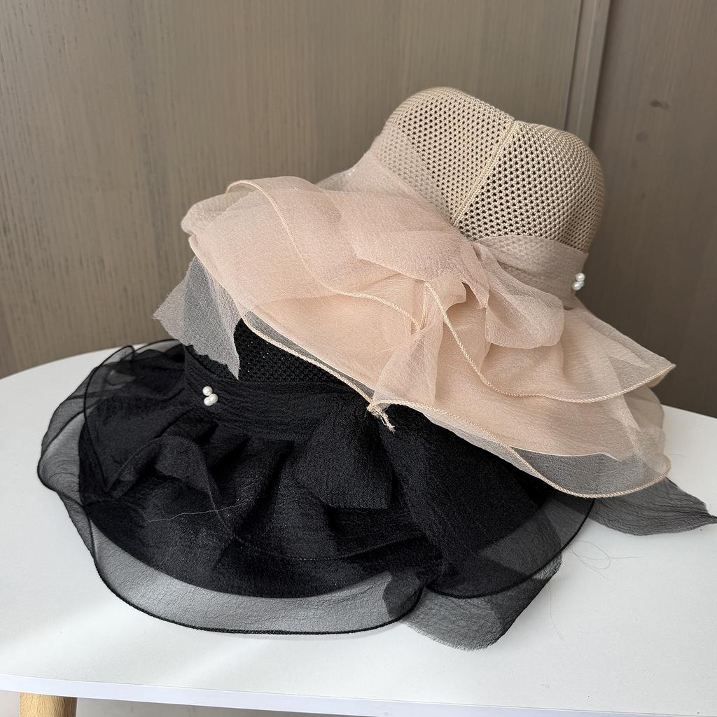 Spring and summer elegant sweet bucket hat women's big eaves mesh breathable sun hat sun protection face small beach sun hat