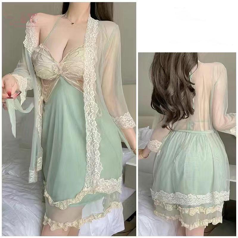 Sexy Pajamas With Chest Pad Lace Mesh Large Size Bow Suspender Home Clothing Set