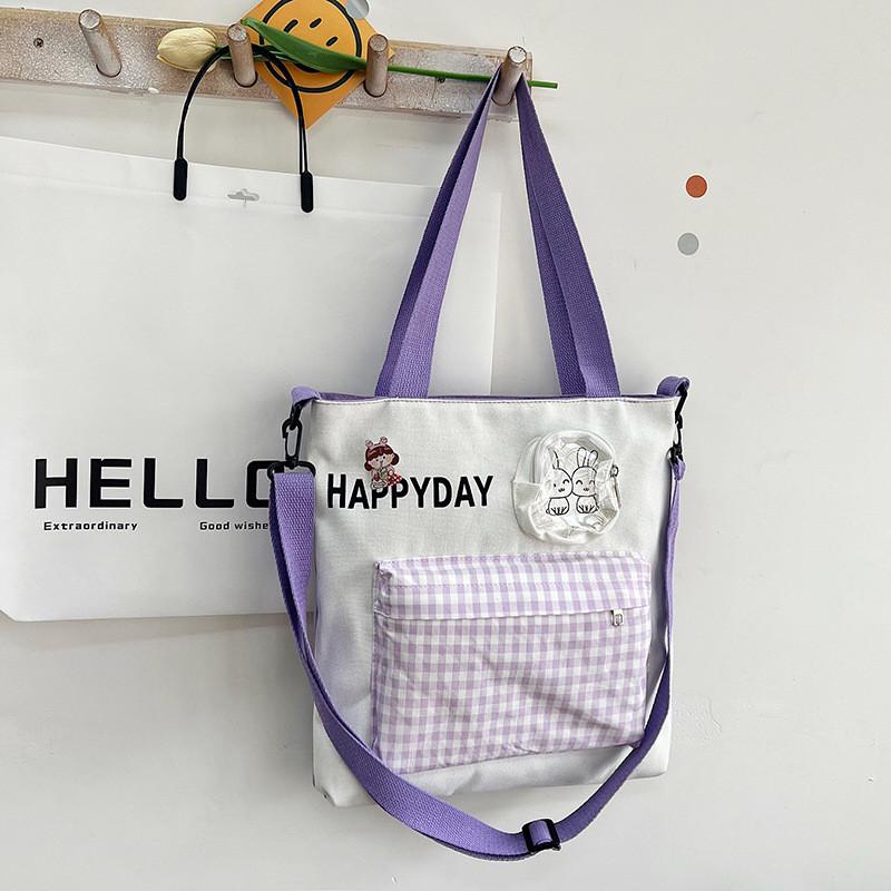 Cute Rabbit Canvas Tote Bag For Students Spacious Stylish Shoulder Crossbody Bag In Green Blue Black Purple Pink