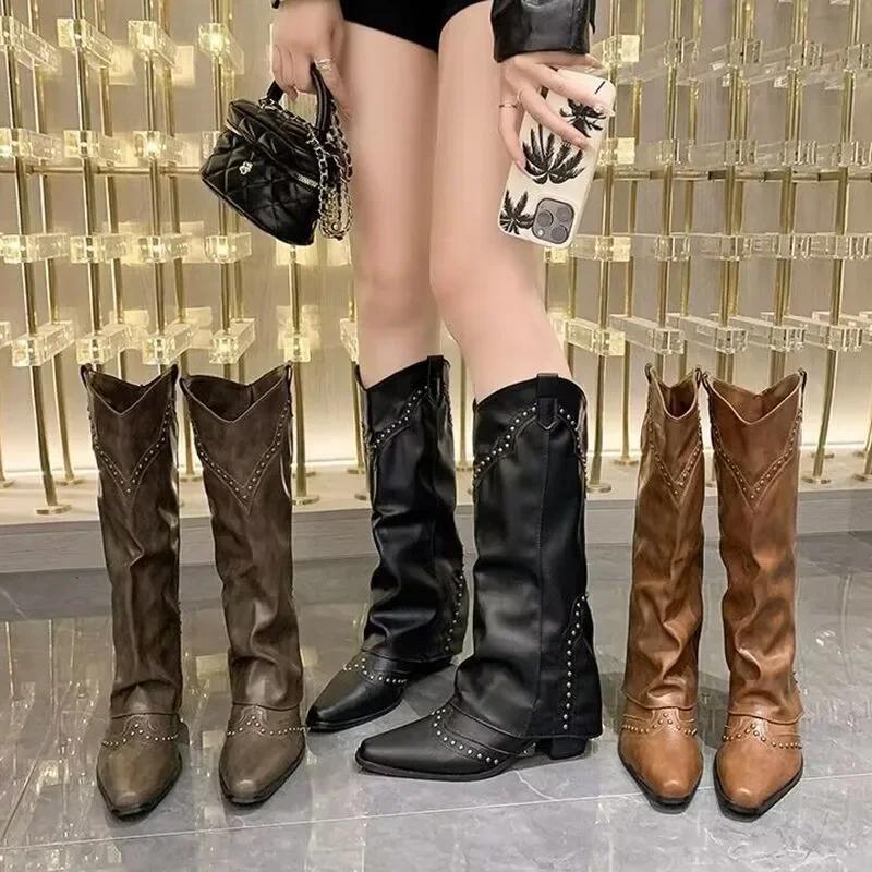 Fashion Luxury Designer Winter Women Western Cowboy Boots Fashion Ladies Elegant Knight Long Boots Square Heel Women's Shoes