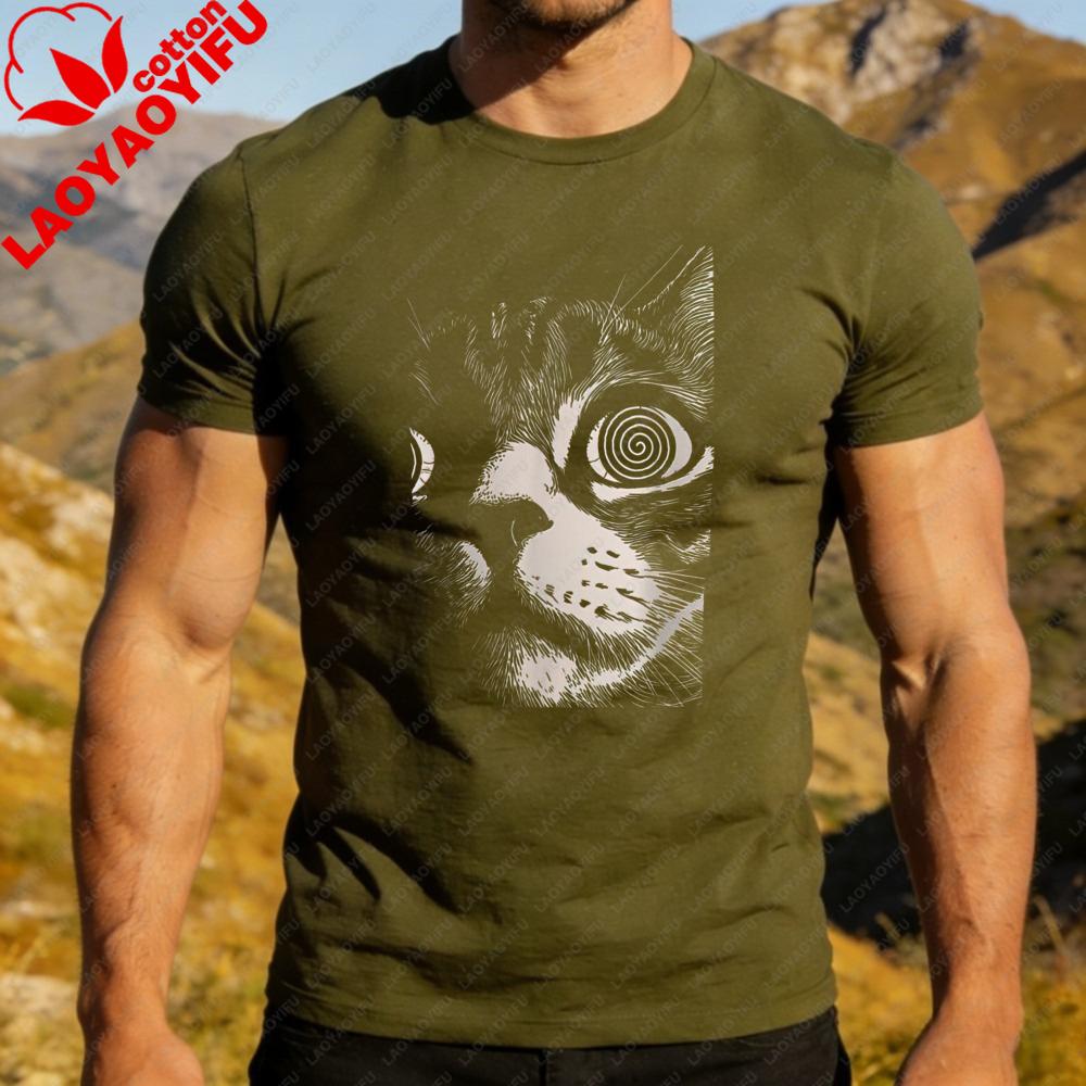 Hypno Cat Spiralaugen Grafik T-Shirt Herren Baumwolle Lustig Katzenliebhaber Kurzarm Tee Psychedelisch Meme Lässig Outdoor Tägliches Outfit