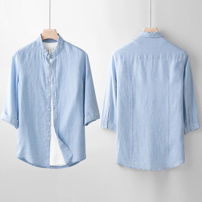 

Pure Linen Seven-Sleeve Stand-Up Collar Shirt - Solid Color, Casual Loose Fit, Versatile and Lightweight Summer Style for Youth. S небесно-голубой
