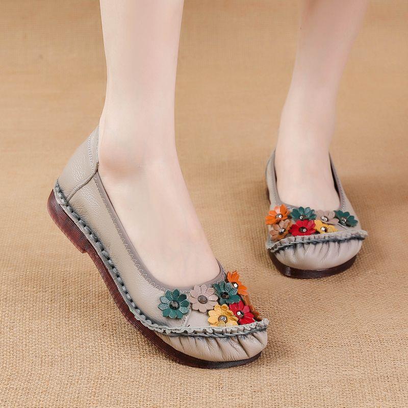 Fashion New Summer Genuine Leather Ballet Flats Women's Flower Loafers Ladies Moccasins Shallow Daily Shoes Woman Flattie Slip On Shoes
