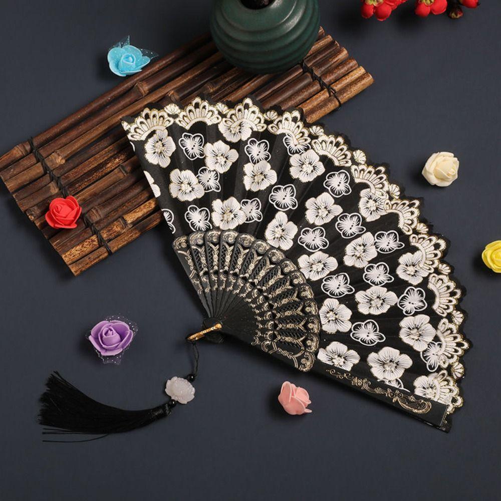 Gold Powder Craft Chinese Flower Folding Fan Small Fan Lace Decorated Fan Dance Fan