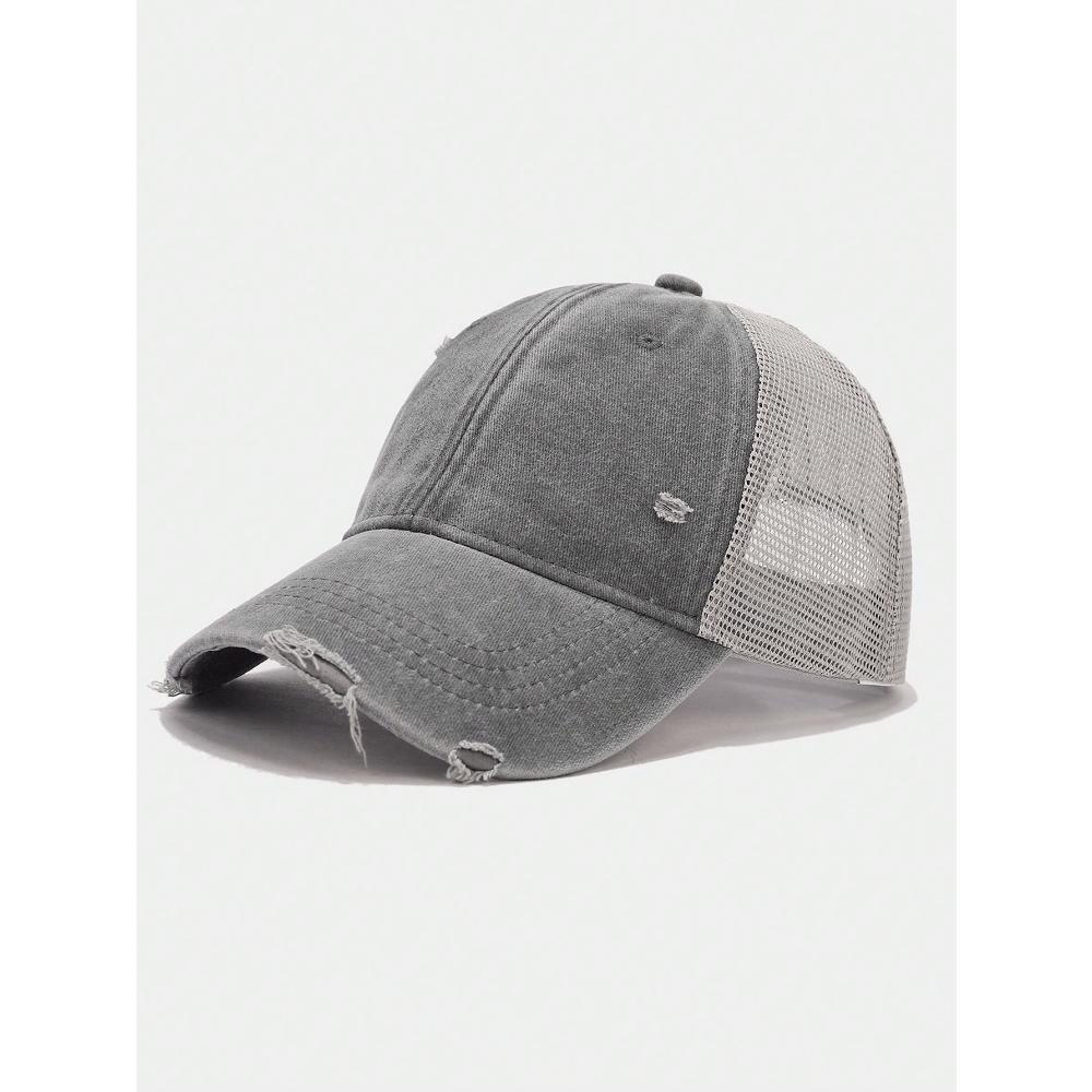 1pc Solid Distressed Perforated Mesh Washed Baseball Cap, Breathable Sun Protection Accessory For Spring/Summer