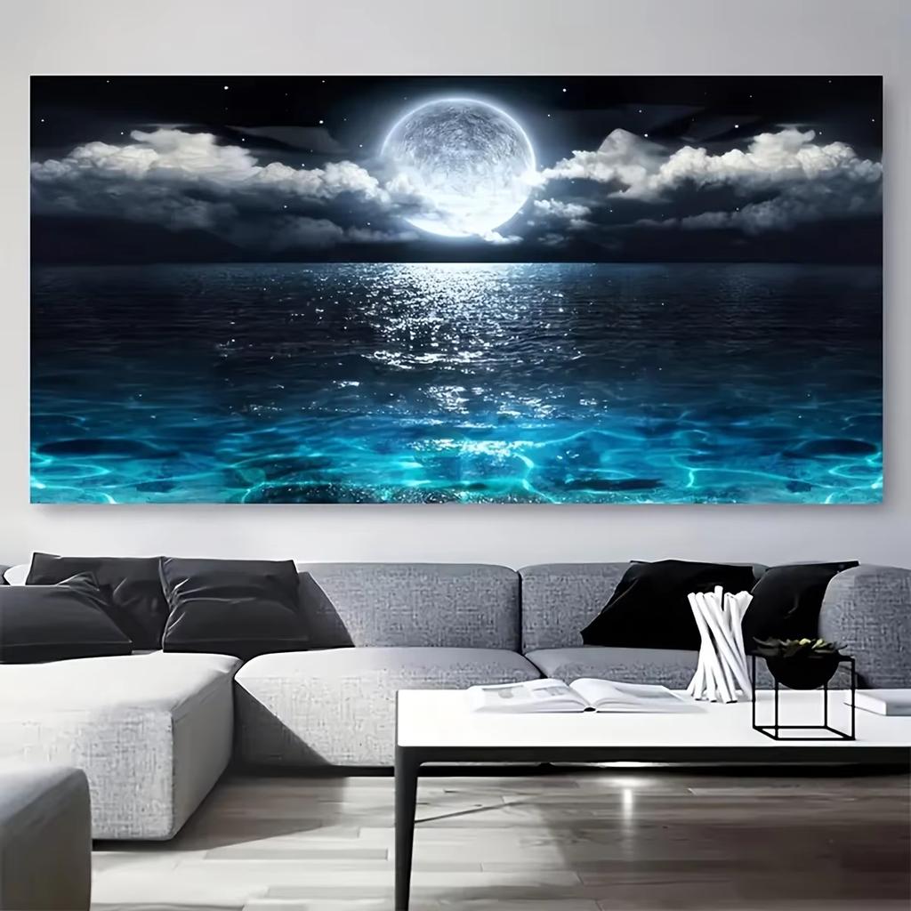 Ein rahmenloses Mondlicht-Ozean-Leinwand-Wandbild, Großer abstrakter Mondlicht-Reflexionsdruck, Moderne Heimdekoration, Geeignet für