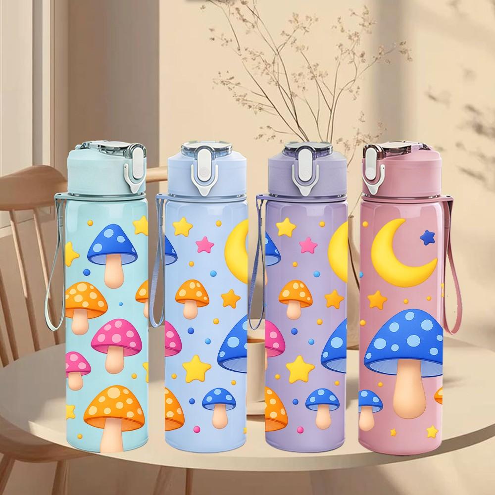 1PC Mushroom Moon Star Night Cartoon Print 750ml Color Plastic Sports Water Bottle Leakproof Flip Straw Lid Suitable for Sports Office Home Use