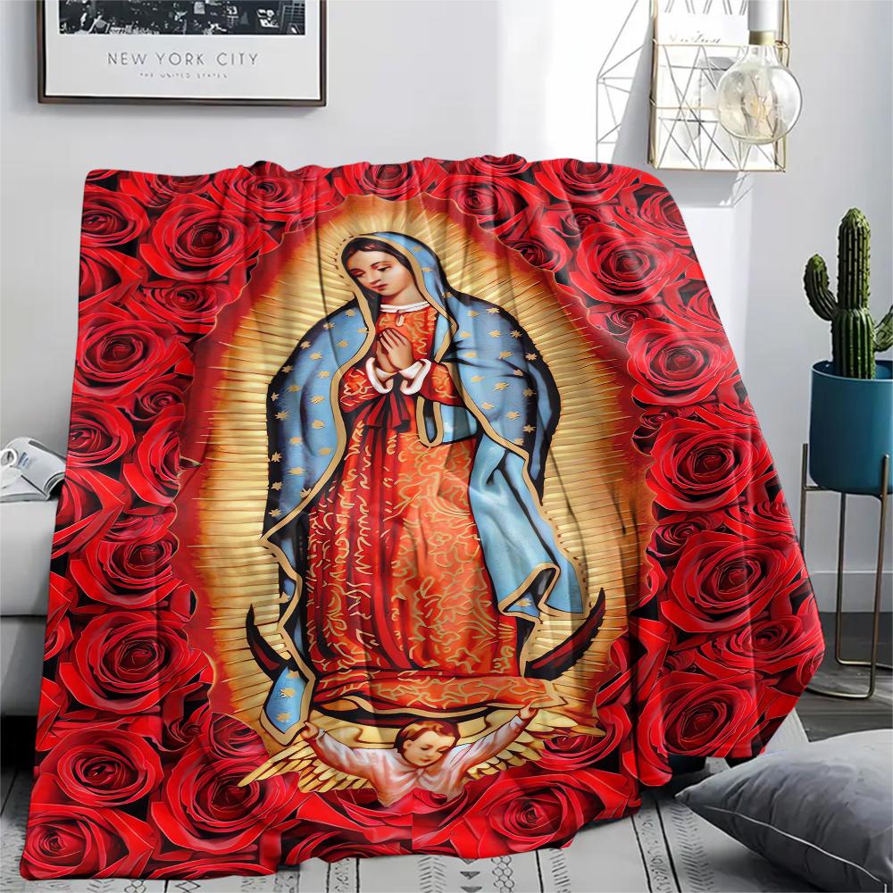 1Pc Virgin Mary Print Flannel Blanket, High quality Comfortable for All Seasons, Home Decor, Warmth and Comfort, Perfect for Christmas Gifts