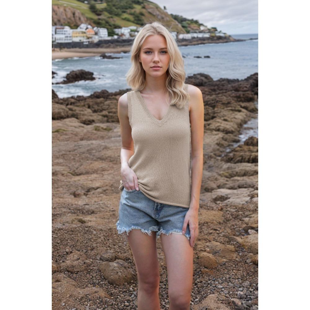 Summer Women's V-Neck Solid Colour Backless Knit Tie Small Tank Top