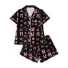 Damen Casual Mode Weihnachts-Print Kurzärmeliges Hausanzug-Set mit Knopfleiste, Kurzarm-T-Shirt und Shorts