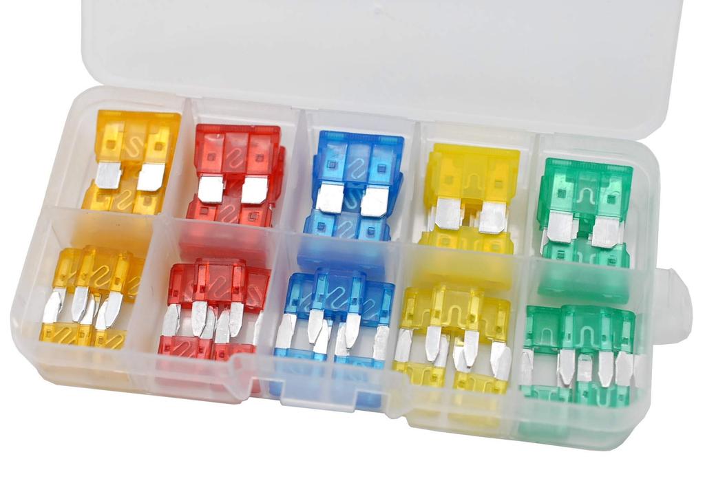 J-base Automotive Fuses 5A, 10A, 15A, 20A, 30A, Set of 50, with Case