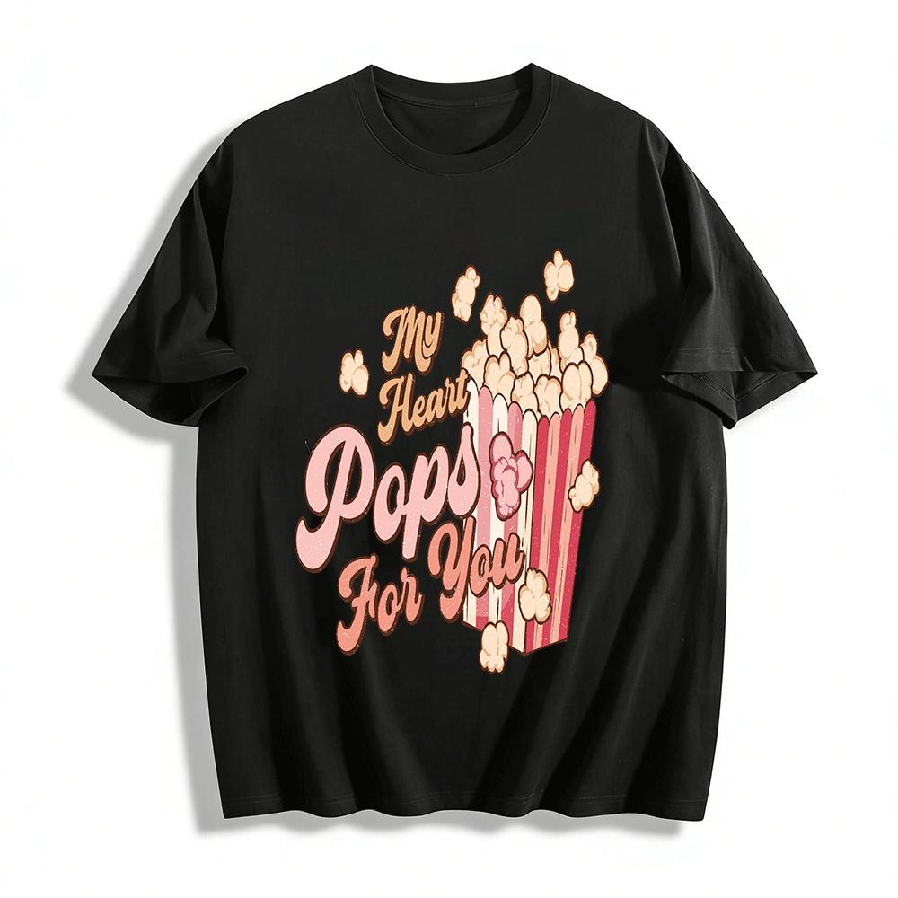 

My Heart Pops For You Retro Popcorn Graphic Tee Pure cotton T-shirt XXS