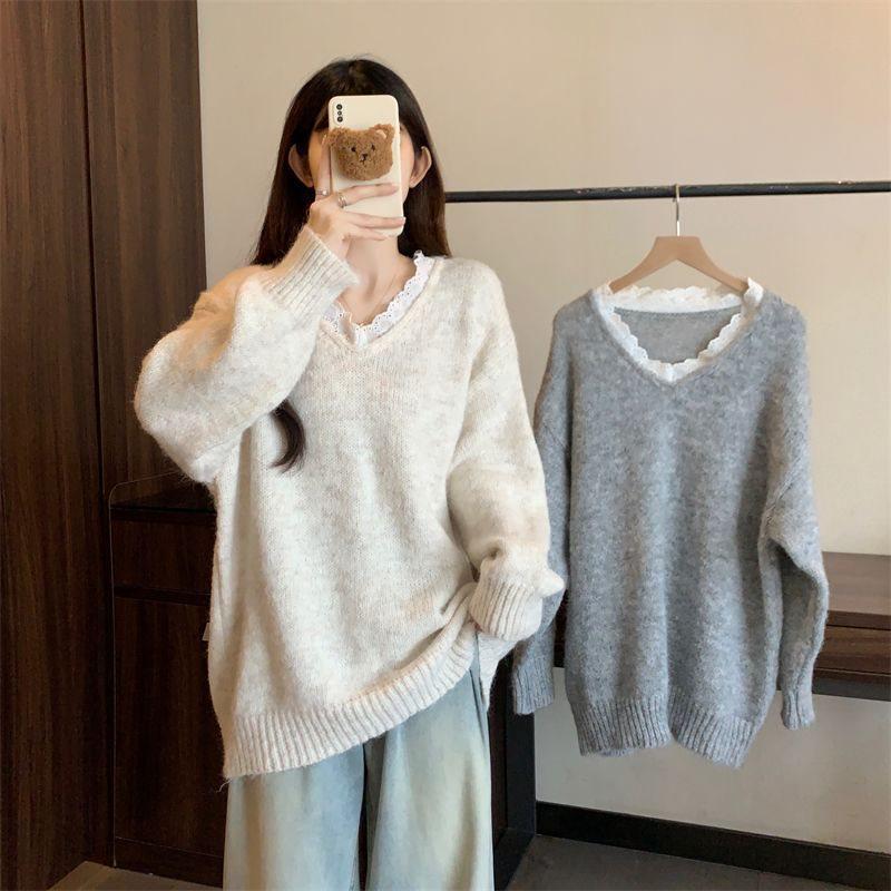 Dámský svetr s krajkou a výstřihem do V, volný úplet, nadměrná velikost