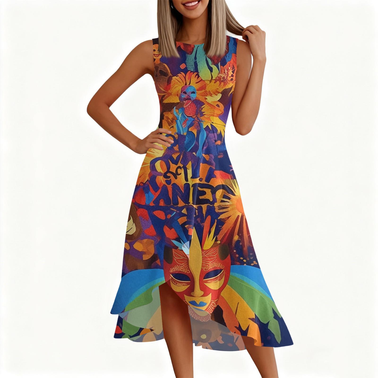 

Женское модное повседневное платье без рукавов с круглым вырезом, принтом, оборками и молнией S оранжевый