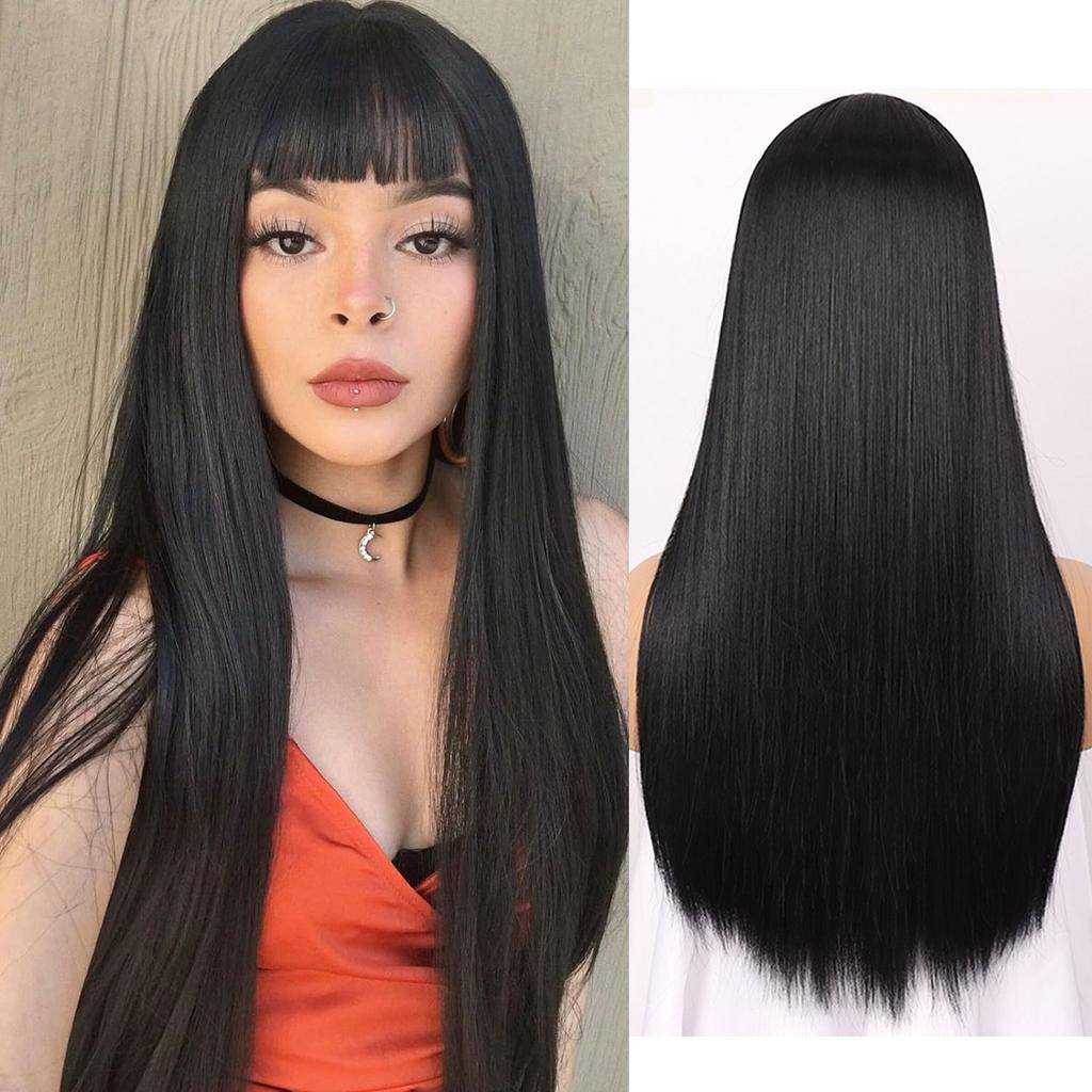 Parrucche Sintetiche Lisce con Frangia Capelli Lunghi Setosi Resistenti al Calore Parrucca Completamente Meccanica Parrucca per Cosplay Festa per Donne alla Moda