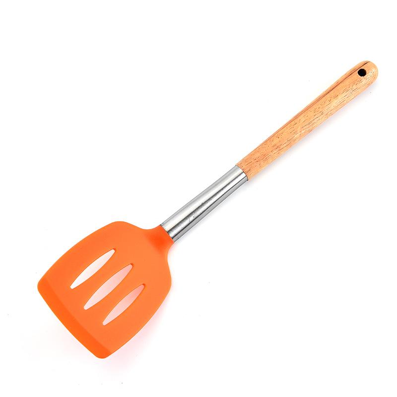 Durable Wooden Handle Silicone Kitchenware 7-Piece Set: Non-Stick Spatula & Spoon