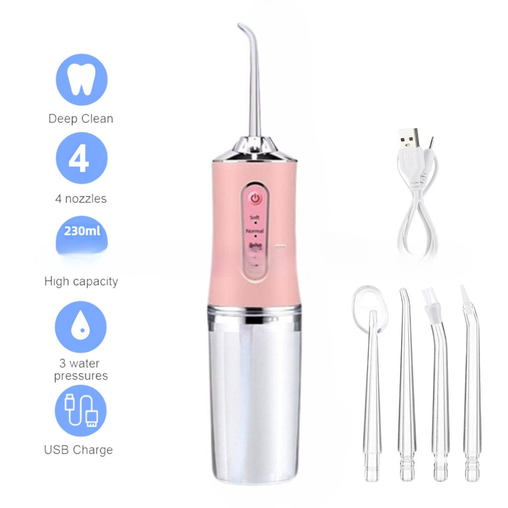 Oral Irrigator Portable USB Rechargeable Dental Water Flosser Water Jet Floss Tooth Pick 4 Jet Tip 220ml 3 Modes IPX7 Waterproof