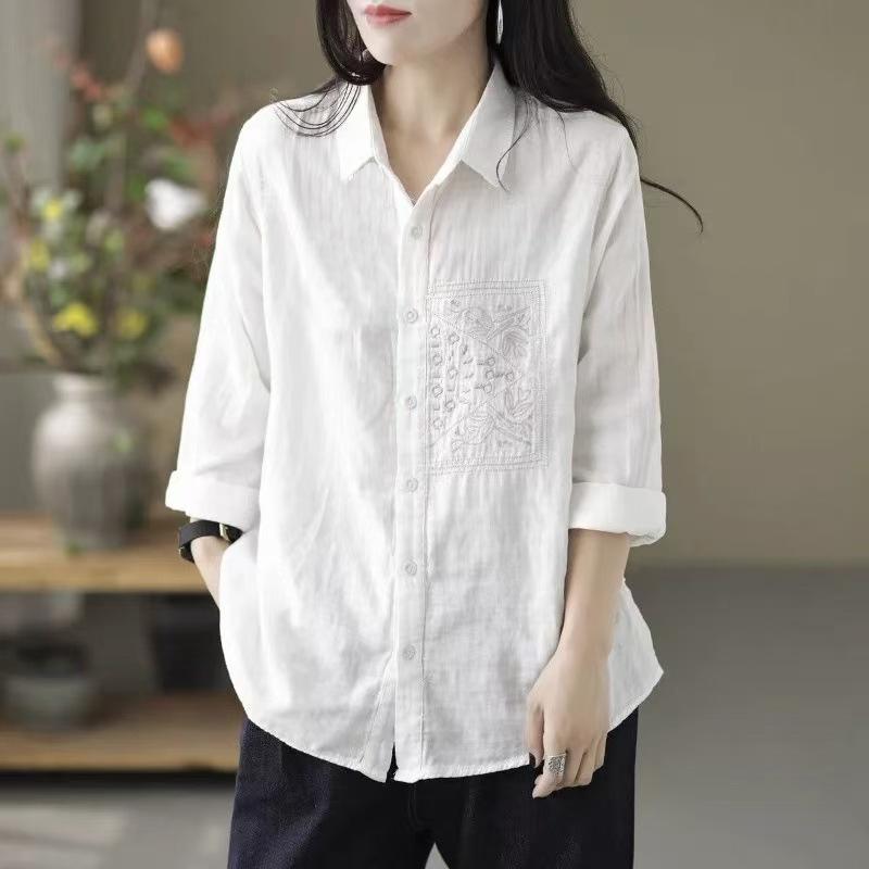

Retro Long Sleeve Large Cotton Embroidered Shirt for Women Top Flip Collar Loose Shirt for Women M белый