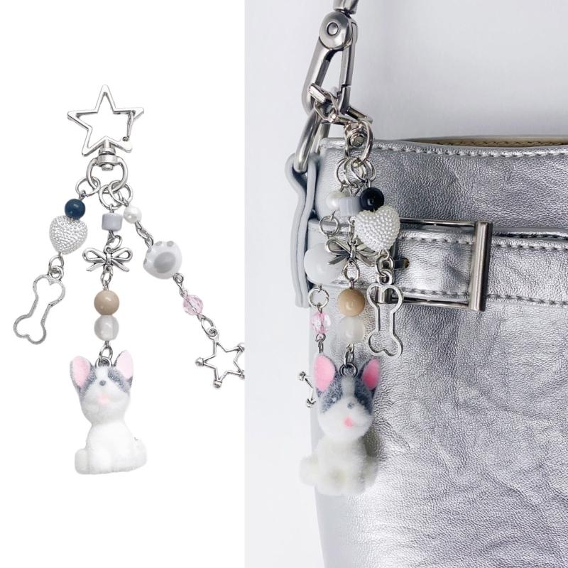 Couple Dog Phone Charm Keychain Fashionable Korean Style Flocking Dog Phone Charm Keychain Pendant for Couples