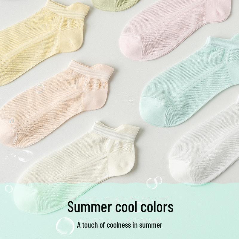 Girls' Summer Thin Breathable Mesh Antibacterial Short Socks - Sweet Solid Colors
