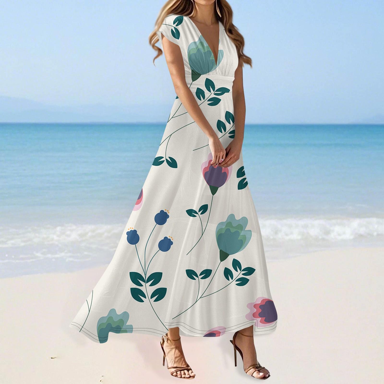 

Women s Summer Casual Fashion Flower Printed Dresses V-Neck Short Sleeve Dresses XL білий