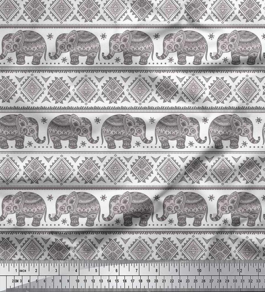 Soimoi Japan Crepe Satin Fabric Aztec & Tribal Elephant Ethnic Print Sewing Fabric Metre 42 Inch