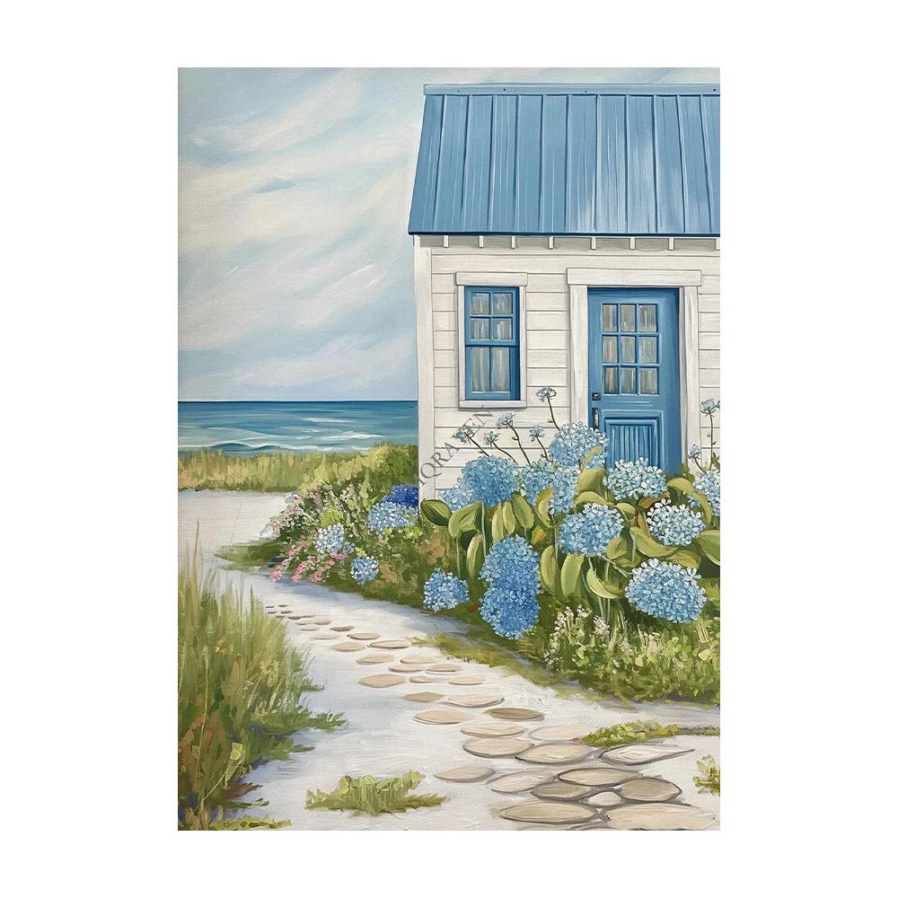 Blue Coastal Beach Seashell Sailboat Posters Prints Canvas Painting Wall Art Pictures Living Room Home Decor Cuadros