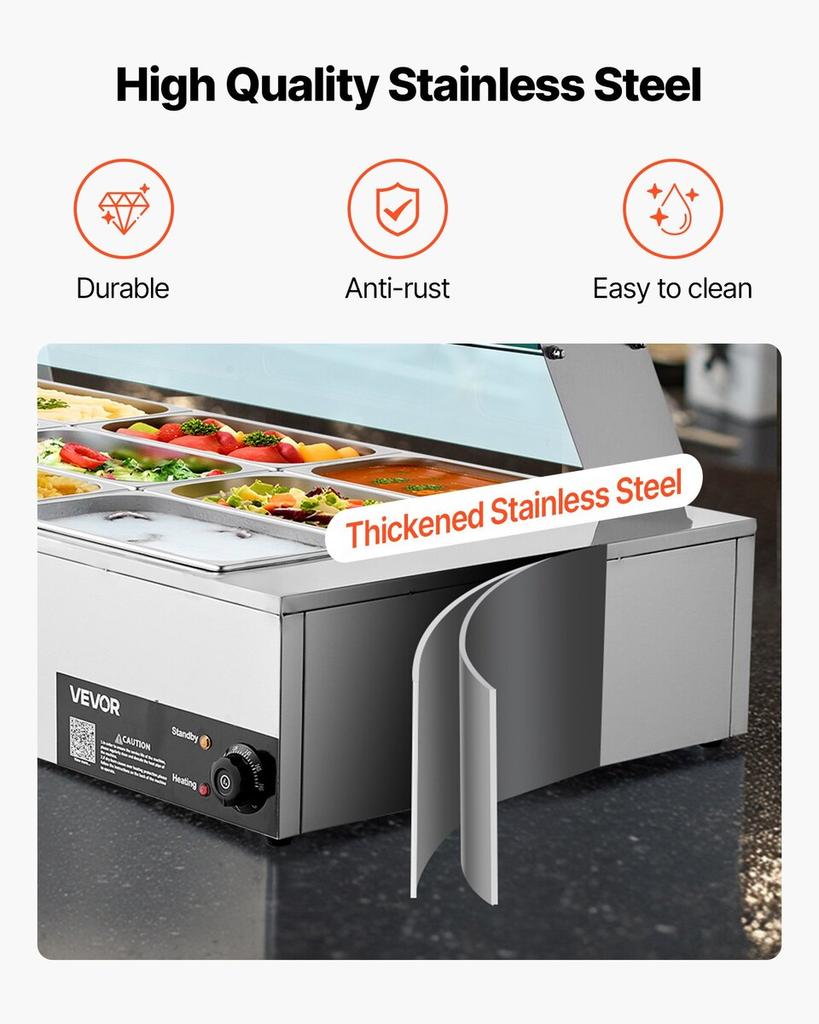 Commercial Food Warmer, 1500W Electric Stainless Steel Steam Food Warmer with Glass Cover, 9-Pan Countertop Buffet Bain Marie with Soup & Perforated