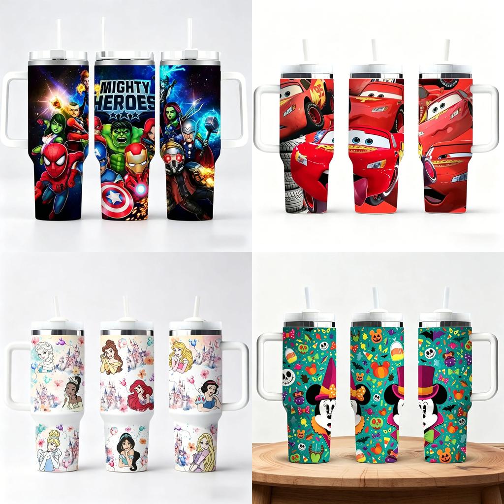 Cartoon Pattern 5d 40oz Car Travel Insulated Mug With Handle For Outdoor Activities