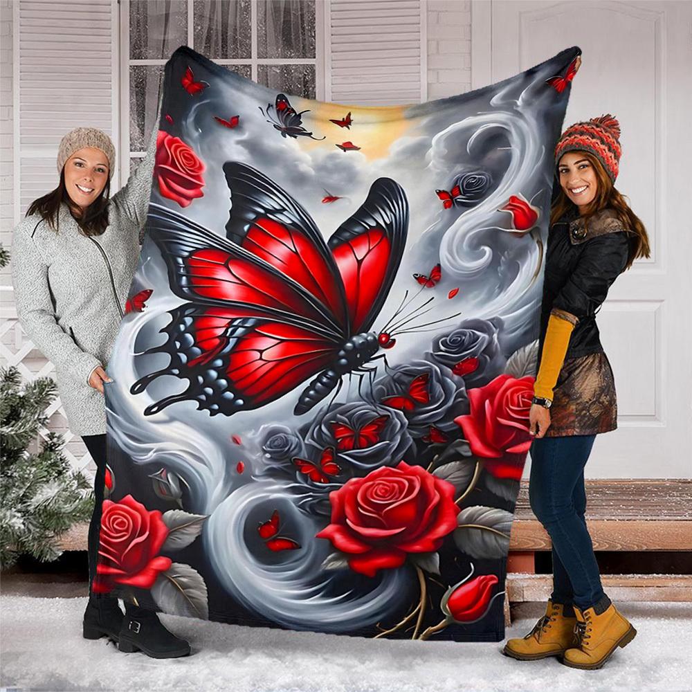 1pc Butterfly Roses Outdoor Blanket - Lightweight Flannel Throw For Travel, Camping, Gifts For Family Or Friends yy251114255