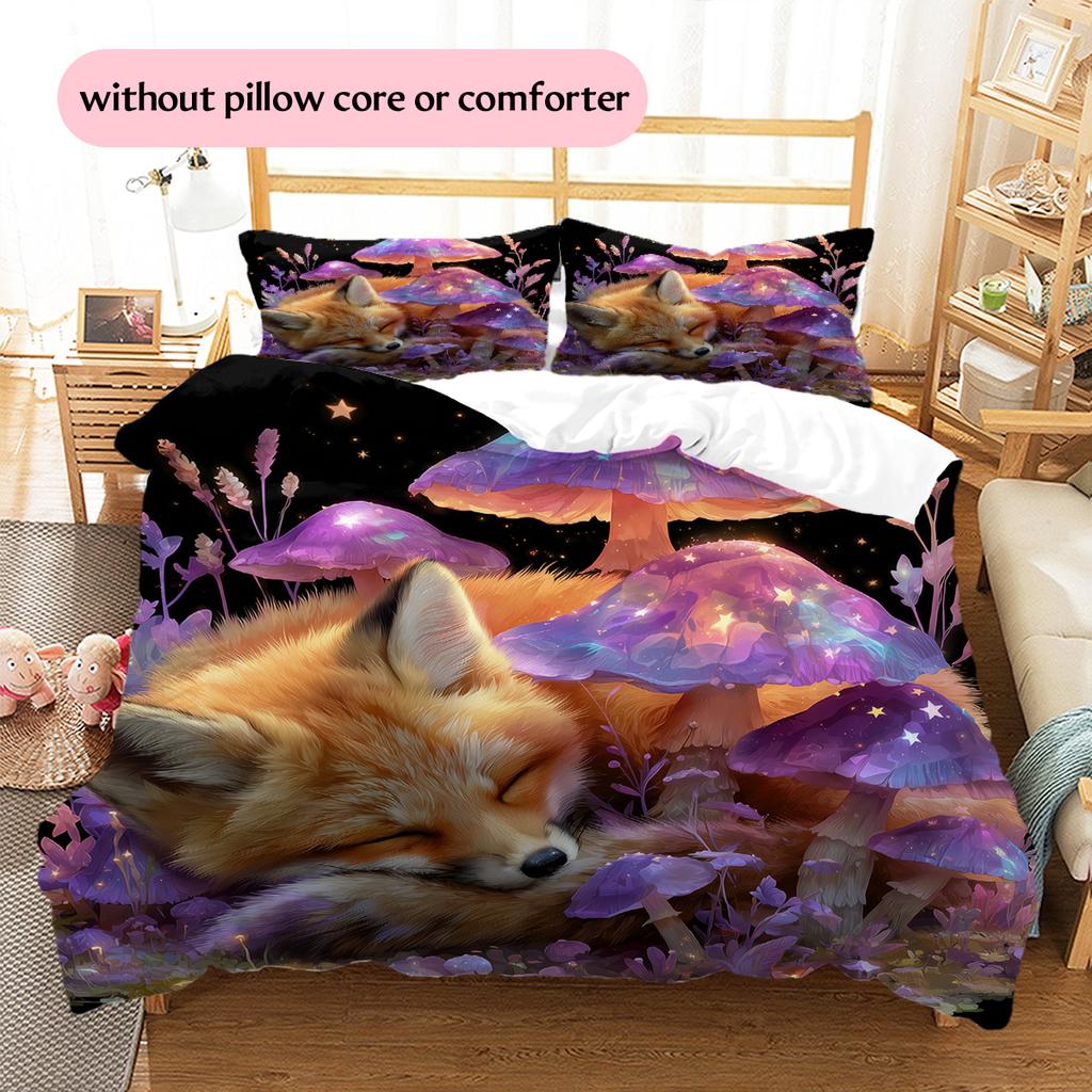 Red Fox with Mushrooms Pattern Bedding Quilt Set Home Decoration Gift (1 * duvet cover + 2 * pillowcase without core)