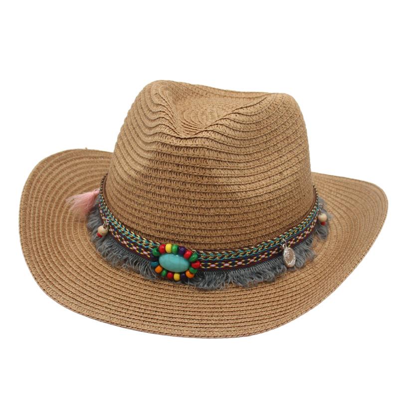 American Hot-Selling Straw Hat Turquoise Tibetan Tibetan Fringed Western Cowboy Ethnic Style Hat Warped Edge Performance Top Hat