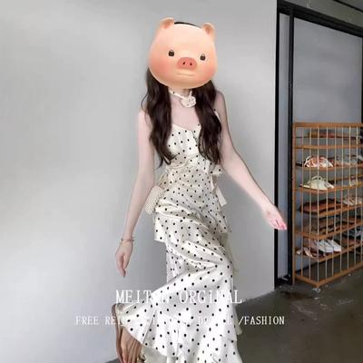 French Polka Dot Suspender Dress Women's Spring and Summer New Waist and Thin Pure Desire Lotus Leaf Edge and Thin Long Skirt