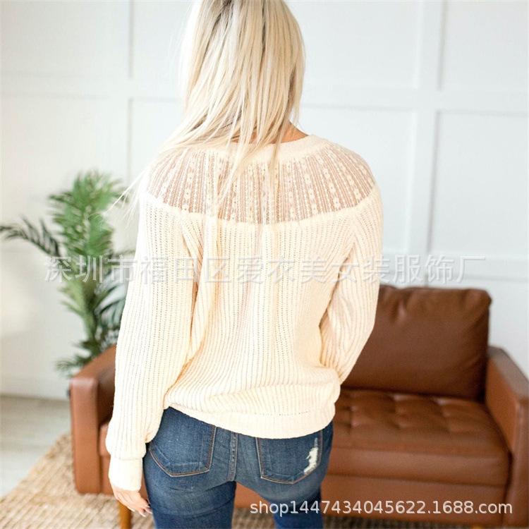 2025 Autumn/Winter Women's Solid Color Raglan Long Sleeve Sweater with Lace Patchwork